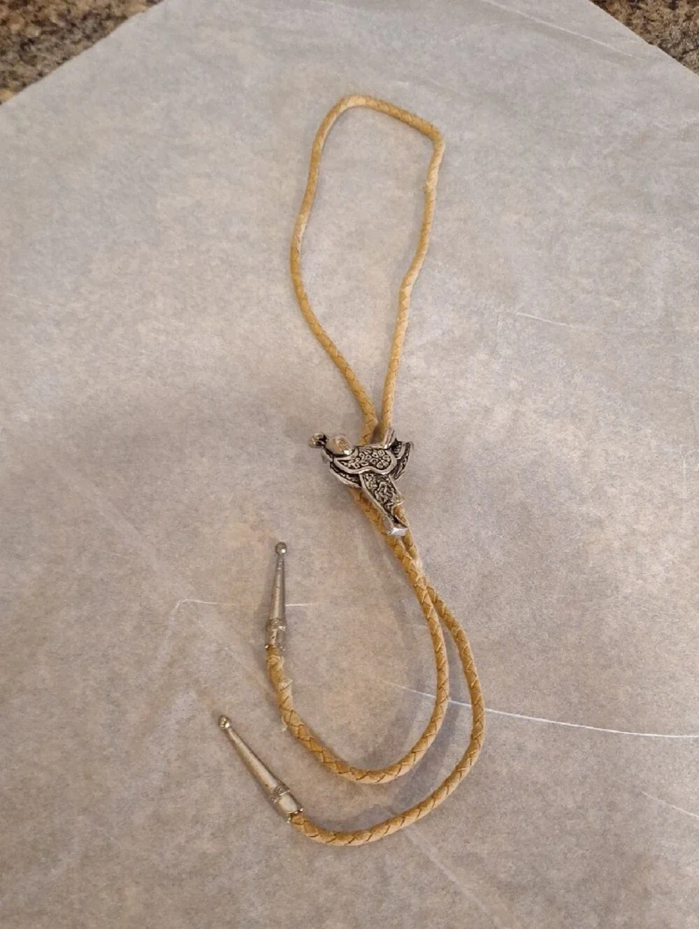 Western Saddle Bolo Tie Necklace in Tan with Silver Slide